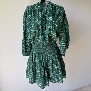 REBECCA TAYLOR Ikat Fleur Smocked waist Cotton Shirt mini Dress Emerald Green L